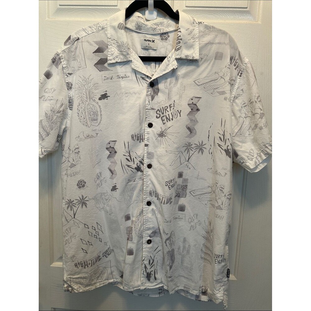 Hurley White Short-Sleeve Button-Front Camp Shirt with Gray Sketch Print